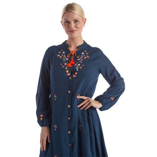 Uzun Kol Petrol Nakışlı Püskül Bağcıklı Hakim Yaka Yazlık Şile Bezi Uzun Elbise