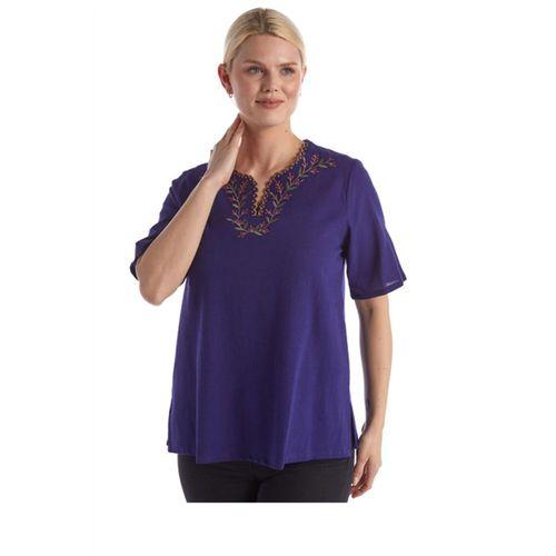 Şile Bezi Kısa Kol Mor Nakışlı V Yaka Yazlık Otantik Bluz