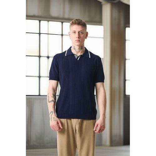 Yakası Şeritli Viskon Polo Yaka Triko Erkek T-Shirt - Lacivert