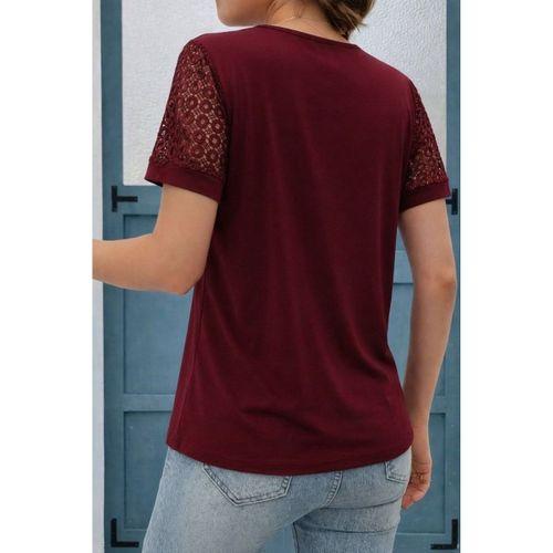 Kadın Kısa Kollu V Yakalı Dantel Detaylı Viskon Bluz