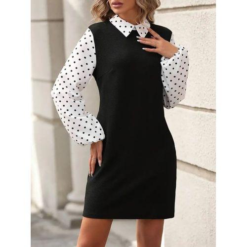 Kadın Uzun Kollu Yakalı Kol Ve Yaka Puantiye Detaylı Ithal Krep Elbise