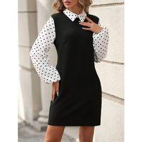 Kadın Uzun Kollu Yakalı Kol Ve Yaka Puantiye Detaylı Ithal Krep Elbise