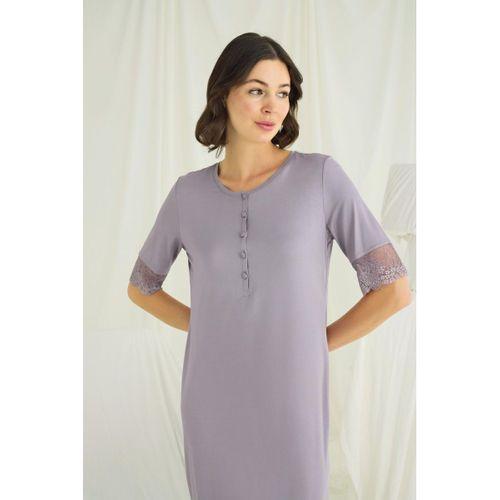 Dantel Detaylı Kısa Kollu Ve Önü Düğmeli Gecelik