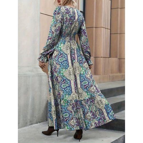 Kadın Uzun Kollu Kruvaze Yakalı Desenli Süprem Maxi Elbise