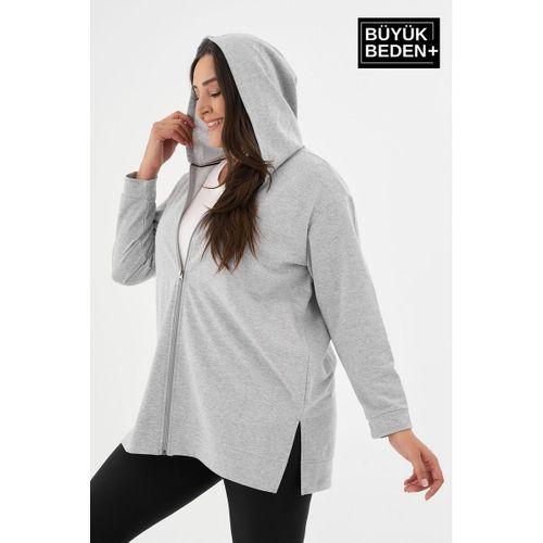 Kadın Tunik Büyük Beden Fermuarlı Kapşonlu Sweat Hırka SPR26BTK955