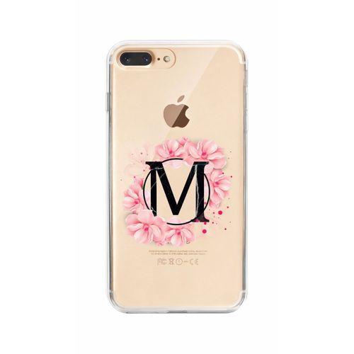 iPhone 7 Plus Pembe Çiçek Desen M Harfli Şeffaf Kılıf