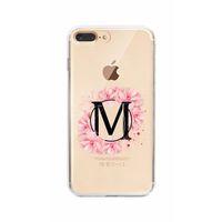 iPhone 7 Plus Pembe Çiçek Desen M Harfli Şeffaf Kılıf