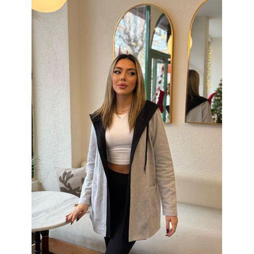 Kadın Uzun Kollu Kapşonlu çift Renkli şardonlu Iki Iplik Ceket