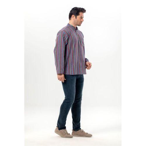 Uzun Kol Şile Bezi Tek Cepli Hakim Yaka Erkek Yazlık Tshirt Mor Çizgili 3072