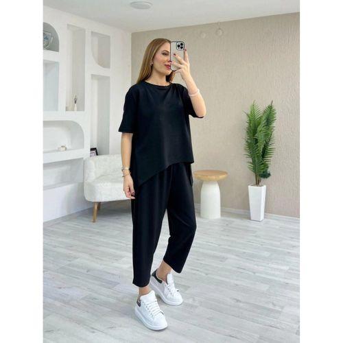 Kadın Kısa Kollu Bisiklet Yaka Viskon Iki Iplik Bluz Ve Pantolon Ikili Takım