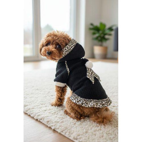 Siyah Leopar Desenli Kapüşonlu Köpek Elbisesi | Polar Kumaş | 5,5 - 7 KG
