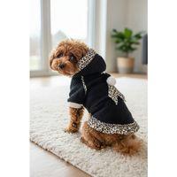 Siyah Leopar Desenli Kapüşonlu Köpek Elbisesi | Polar Kumaş | 5,5 - 7 KG