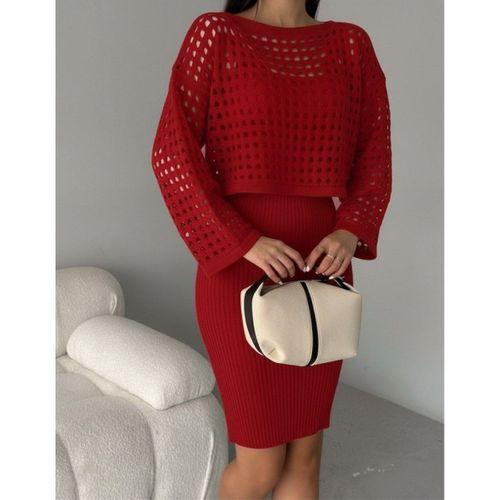 Kadın Uzun Kollu Delikli Kazak Askılı Elbise Triko Ikili Takım