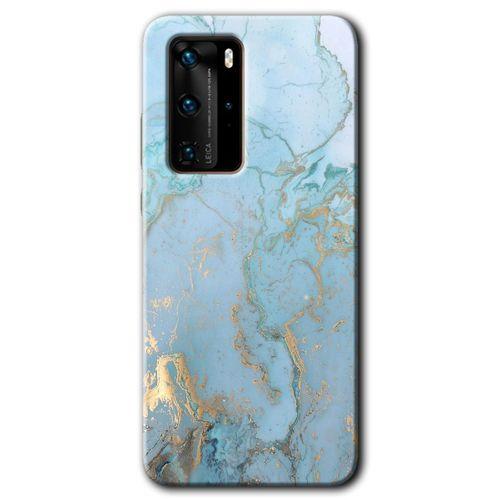 Potkal Hediye Fabrikası Huawei P40 Pro HD Baskılı Kılıf + 9D Tam Ekran Koruyucu - Mavi Gold Mermer