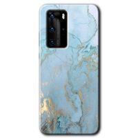 Potkal Hediye Fabrikası Huawei P40 Pro HD Baskılı Kılıf + 9D Tam Ekran Koruyucu - Mavi Gold Mermer