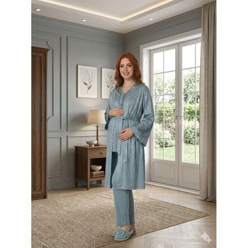 Bone 6201 Kadın Jakar Saten Sabahlıklı Lohusa Pijama Takımı