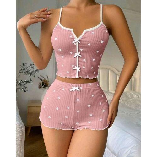 Kadın Pembe Kalp Desenli Askılı Şortlu Pijama Takımı Rahat Şık 2’li Set