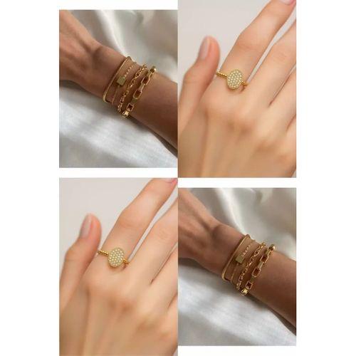 2'Lİ Set - Dörtlü Kombin Bileklik, Altın Renk Oval Motif Zirkon Yüzük SNJ-SET1005