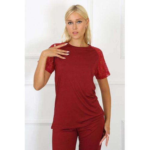Kadın Kolu Dantelli Penye Pijama Takım Bordo