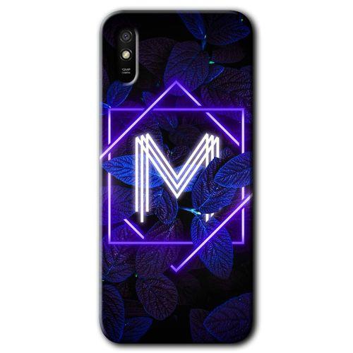 BeRa Aksesuar  Xiaomi Redmi 9A Kılıf Baskılı Kapak - Dark Neon Yaprak M Harfi +Tam Kaplayan Mat Seramik