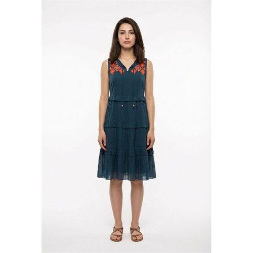 Kolsuz Mina Nakış Detaylı Bağcıklı Yaka Yazlık Vual Elbise Petrol Ptrl