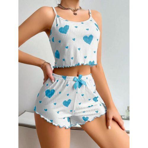 Kadınbeyaz Mavi Kalp Desenli Askılı Şortlu Pijama Takım 6657