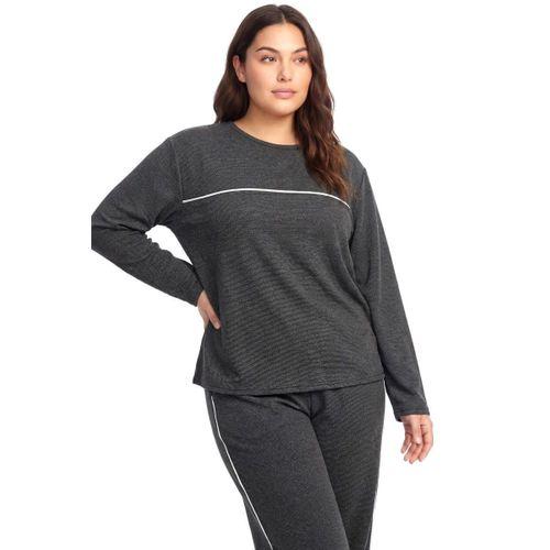 Büyük Beden Şerit Detaylı Kalın Uzun Kollu Kadın Pijama Takımı Antrasit