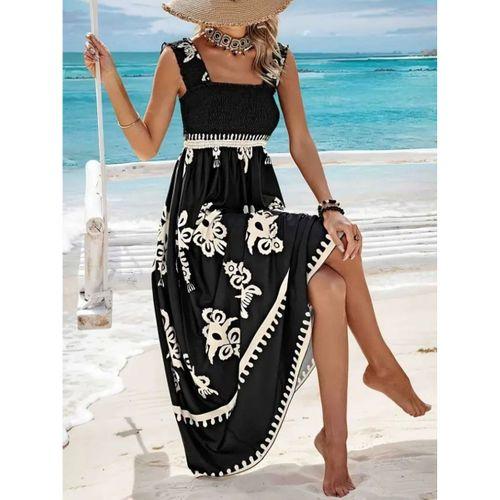 Kadın Askılı Kare Yaka Gipe Detaylı Desenli Suprem Elbise