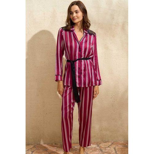 Saten Çizgili Düğmeli Uzun Kol Dantelli Gömlek Ve Pantolon Pijama Takım (9765)