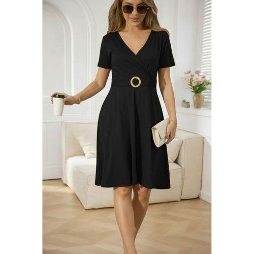 Kadın Kısa Kollu Kruvaze Yakalı önden Toka Detaylı Kısa Viskon Elbise