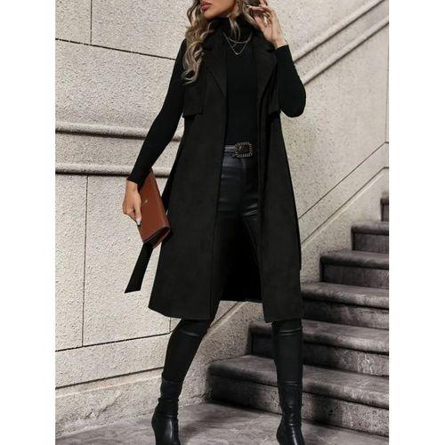 Kadın Kolsuz Yakalı önü Açık Belden Kuşaklı Süet Midi Yelek