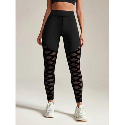 Kadın Yüksek Bel çapraz Desen Tül Detaylı Spor Dalgıç Tayt