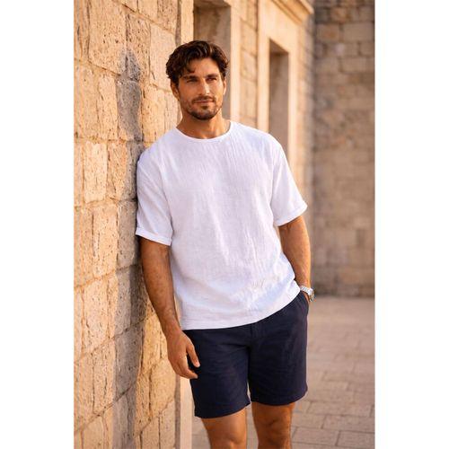 Godard Relax Fit %100 Pamuk Müslin Kumaş Duble Kol Bisiklet Yaka Erkek T-Shirt - Beyaz