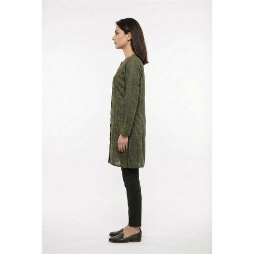 Uzun Katlanabilir Kol İnka Düğmeli Yazlık Otantik Nakışlı Poplin Tunik Haki Hk