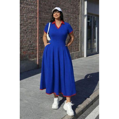 Kadın Kısa Kollu V Yakalı Pileli Uzun Janjan Krep Elbise