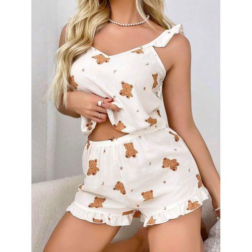 Pamuklu Ayıcık Desen Fırfırlı Askılı Şortlu Pijama Takımı