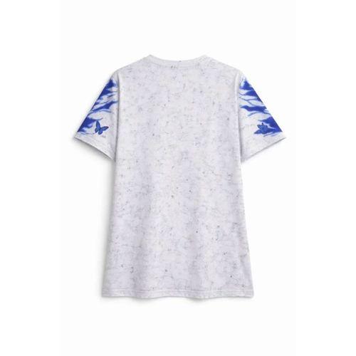 Asit Yıkamalı Oversize Tişört Mavi Kelebek Baskılı Dijital Print Bisiklet Yaka Streetwear T-Shirt - Beyaz