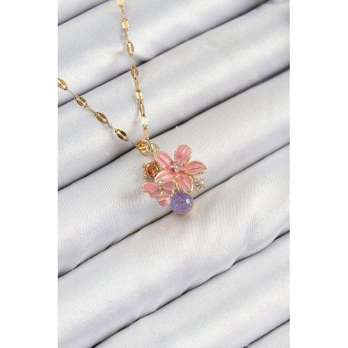 316L Çelik Zirkon Taşlı Arı Detaylı Pembe Çiçek Model Gold Renk Kadın Kolye - TJ-BKO10442