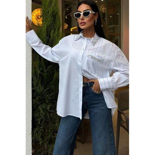 Yaka Ve Cebi Taşlı Çizgili Over Gömlek 3406