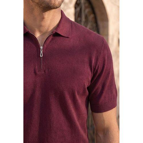 Linus Fermuarlı Polo Yaka Kısa Kollu İnce Triko Erkek T-Shirt - Bordo