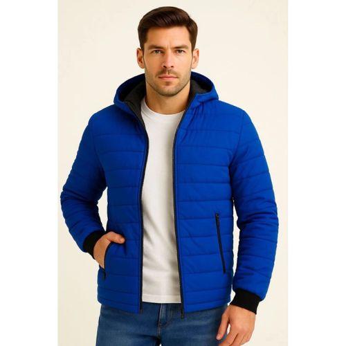 Erkek Şişme Kapüşonlu Fermuarlı Mont Su Itici Kapitone Astarlı Kumaş Cepli Kışlık Rahat Kalıp - Saks Mavisi