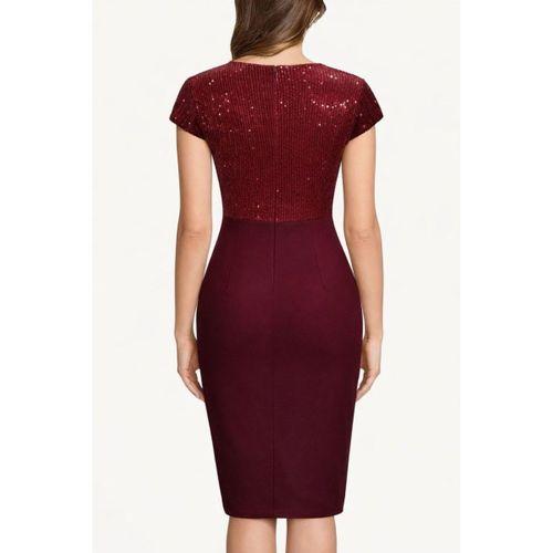 Kadın Kısa Kollu Kruvaze Yakalı ışıltı Detaylı Midi Ithal Krep Elbise