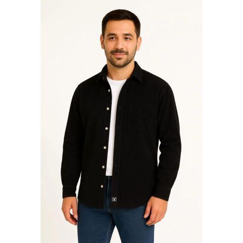 Erkek Fitilli Kadife Cepli Gömlek Oversize Rahat Kalıp - Siyah