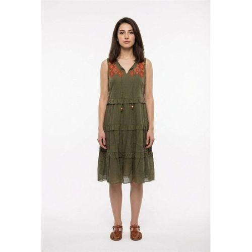 Kolsuz Mina Nakış Detaylı Bağcıklı Yaka Yazlık Vual Elbise Haki Hk