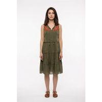 Kolsuz Mina Nakış Detaylı Bağcıklı Yaka Yazlık Vual Elbise Haki Hk