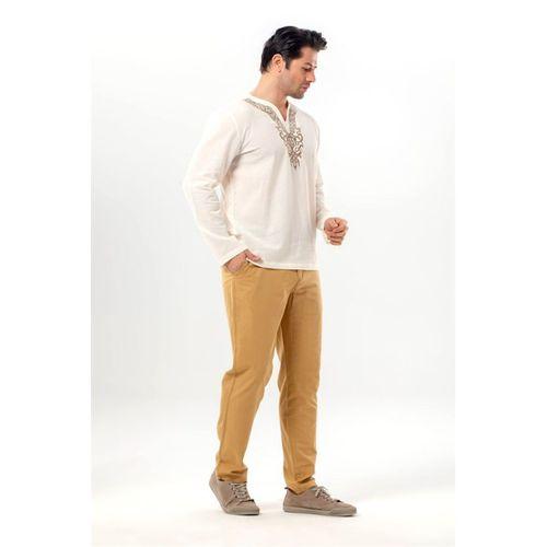 Uzun Kol Midas V Yaka Nakışlı Şile Bezi Erkek Tişört | Yazlık Erkek Tshirt Krem Krm