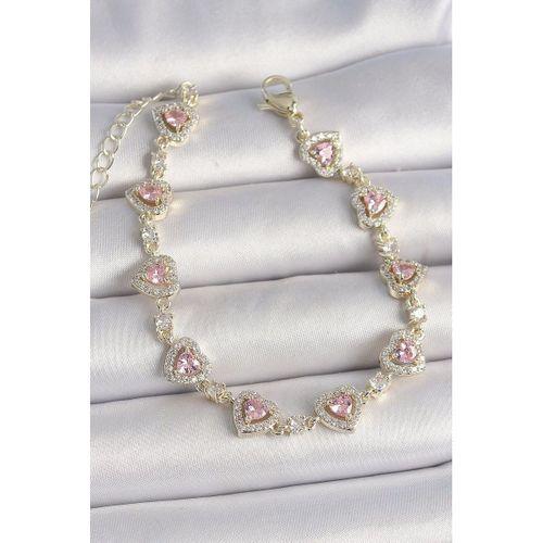 Pirinç Gold Renk Pembe Zirkon Taşlı Kalp Model VIP Seri Kadın Bileklik