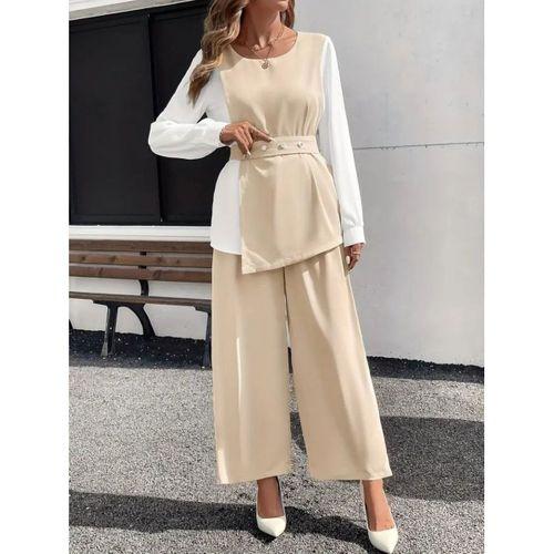 Kadın Uzun Kollu Açık Yakalı çift Renkli Kemerli Ithal Krep Ikili Takım