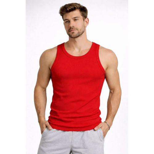 Erkek Fitilli Atlet Sıfır Yaka Slim Fit Arka Baskılı Spor Atlet - Kırmızı