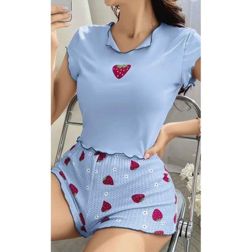 Mavi Önü Çilek Detaylı Şortlu Gecelik Takımı